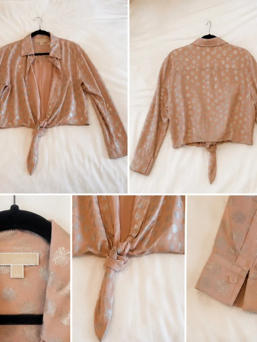 Michael Kors Women's Blush Pink Metallic Tie-Front Blouse | Size L | Long Sleeve